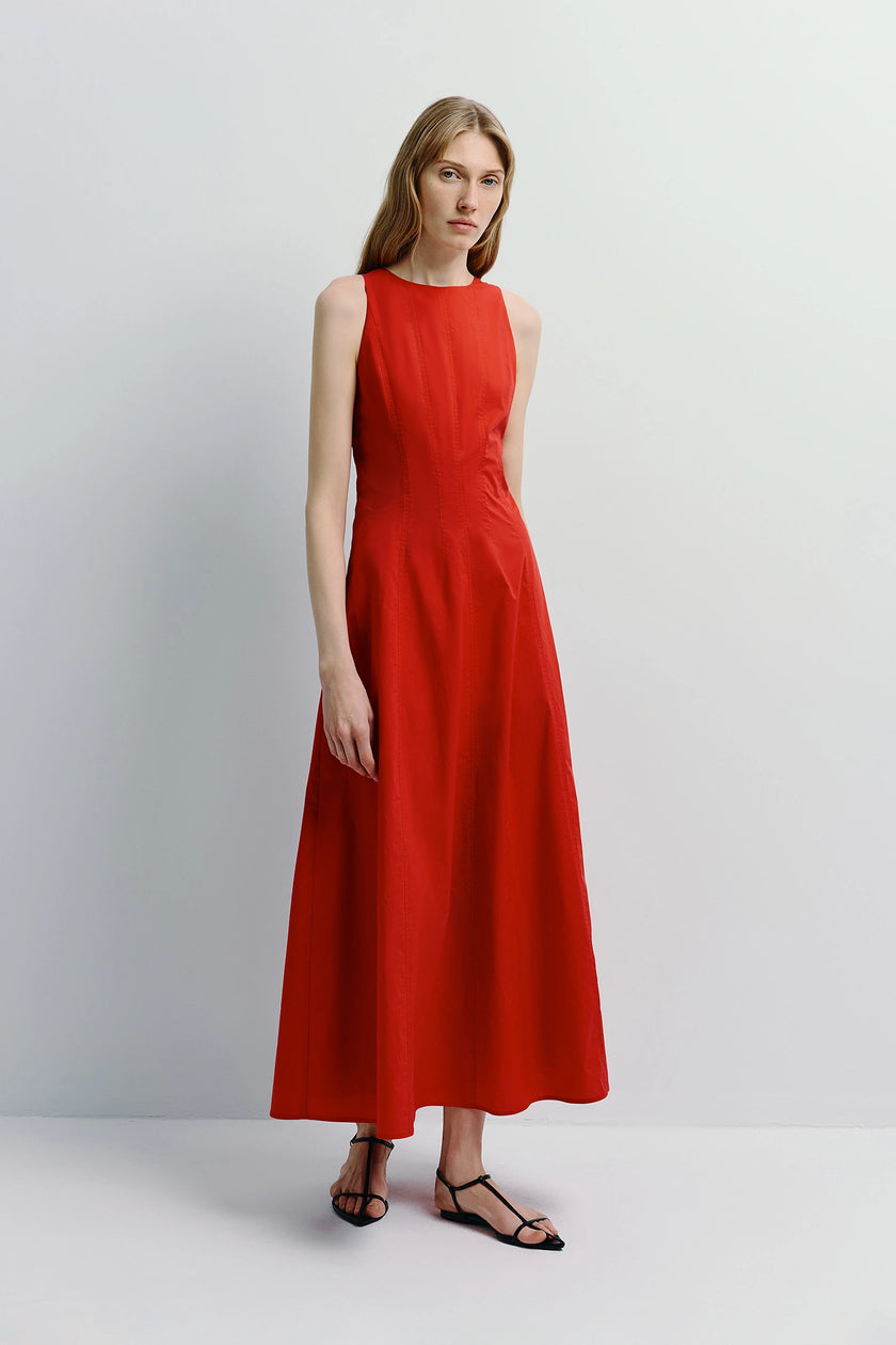 Red Delfina Poplin Dress with high neck and tailored fit, sustainable cotton