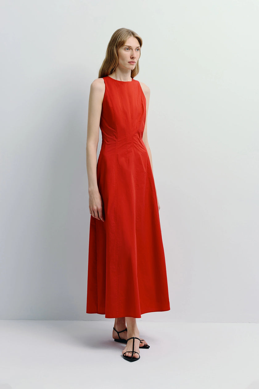 Delfina Poplin Dress in red, sustainable cotton, high neck, A-line silhouette, Rue Sophie
