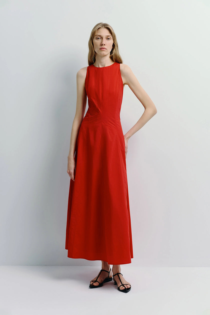 Red Delfina Poplin Dress in sustainable cotton with high neck and tailored fit
