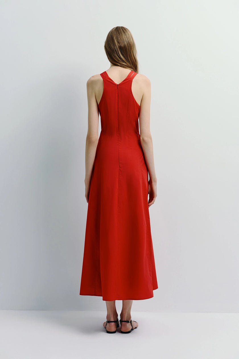 Red Delfina Poplin Dress in sustainable cotton, high neck, cropped silhouette