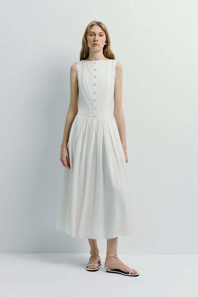 Luiza Button Front Dress in light ivory, sleeveless, with front button detail, crafted from linen-cotton-lyocell blend.