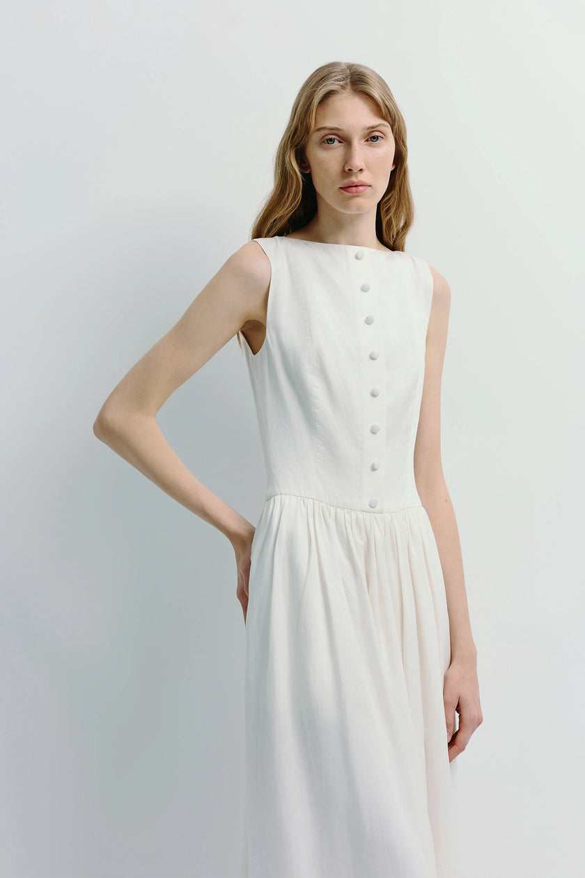 Luiza Button Front Dress - White linen blend A-line dress, button detail, minimalist style