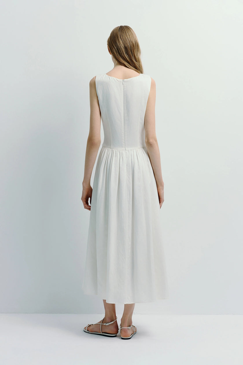 Luiza Button Front Dress in white linen blend, A-line midi dress, minimalist style, back view