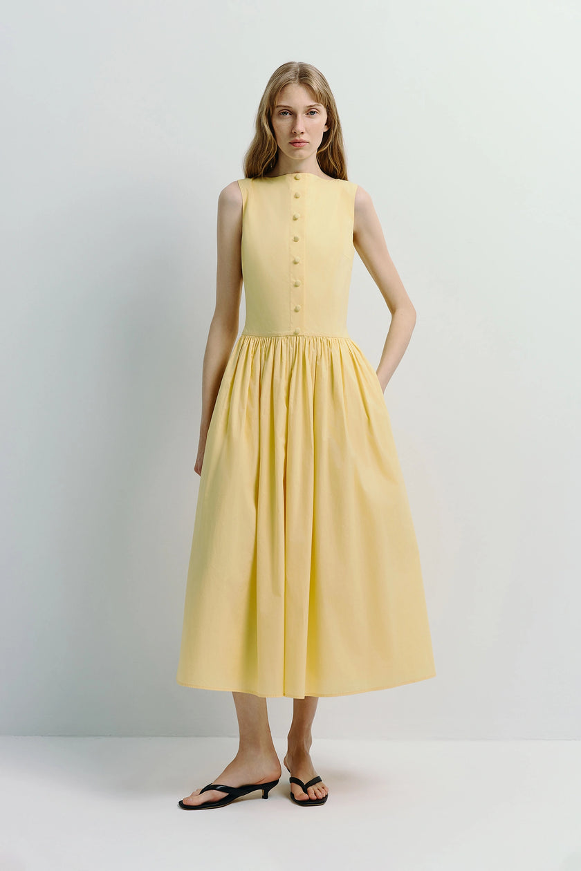 Luiza Button Front Dress in light yellow, A-line silhouette, linen-cotton-lyocell blend