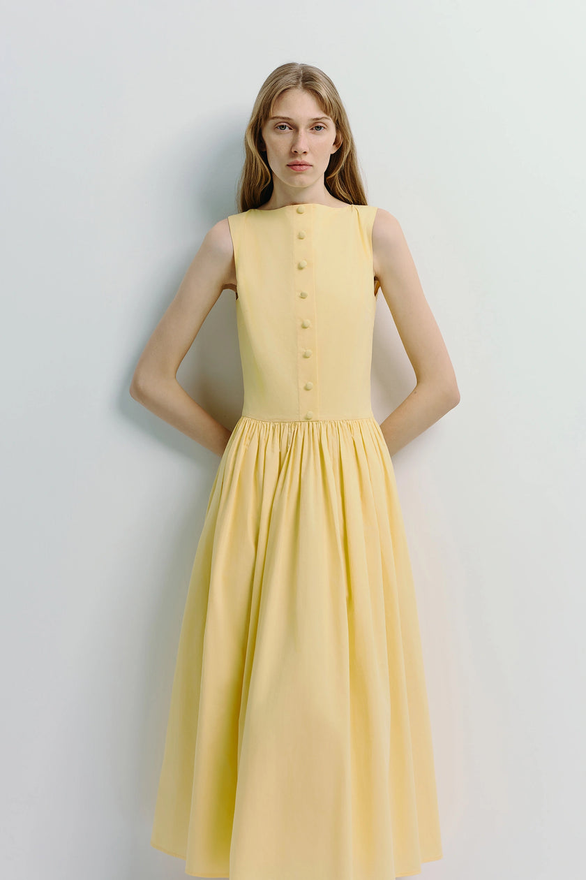 Pale yellow button-front A-line dress in linen-cotton-lyocell blend