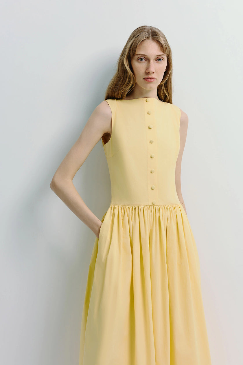 Light yellow Luiza Button Front Dress. Sleeveless A-line dress, button front, linen blend.