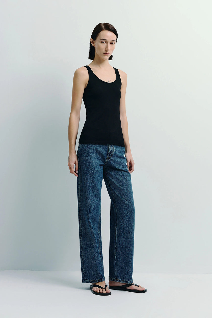 Black Finley Ribbed Tank Top, sustainable cotton-viscose blend, styled with blue jeans