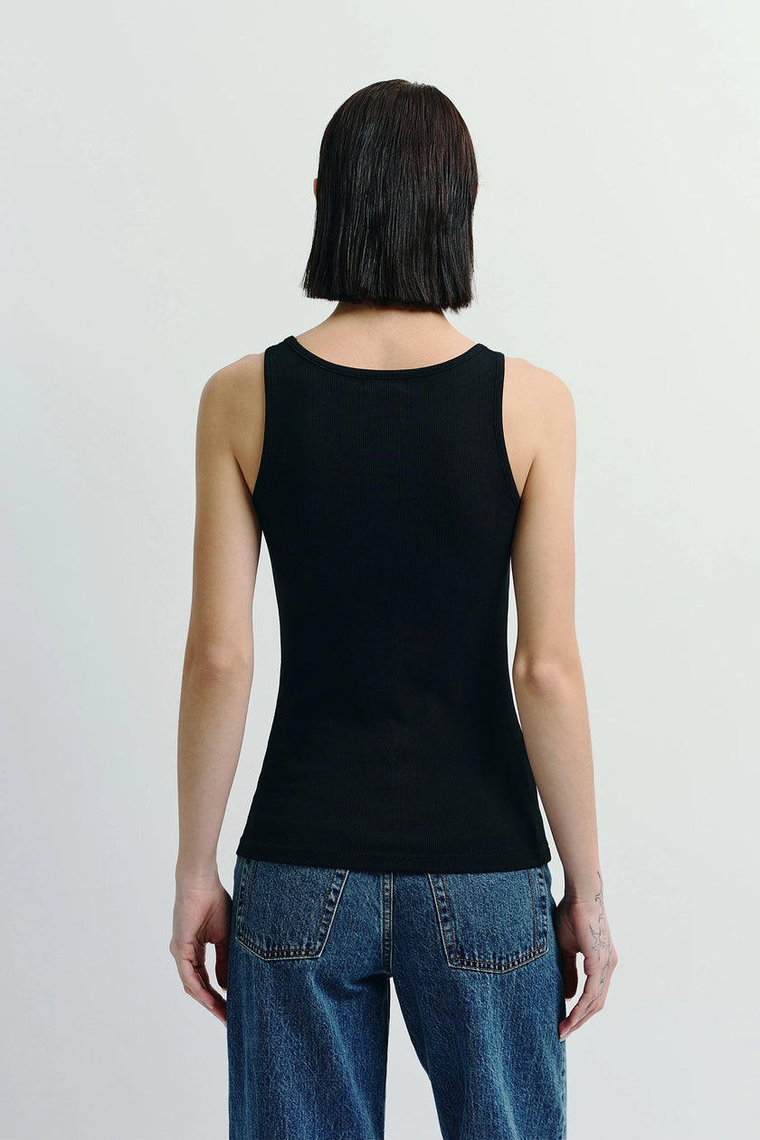Black Finley Ribbed Tank Top, sustainable cotton-viscose blend, sleek silhouette, paired with jeans
