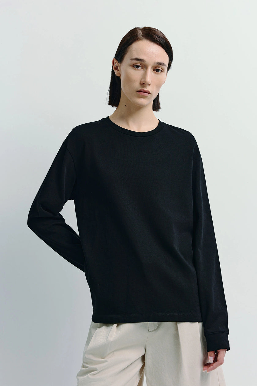 Anza Long Sleeve Top in black, crewneck cotton blend shirt, minimalist fashion, effortless layering