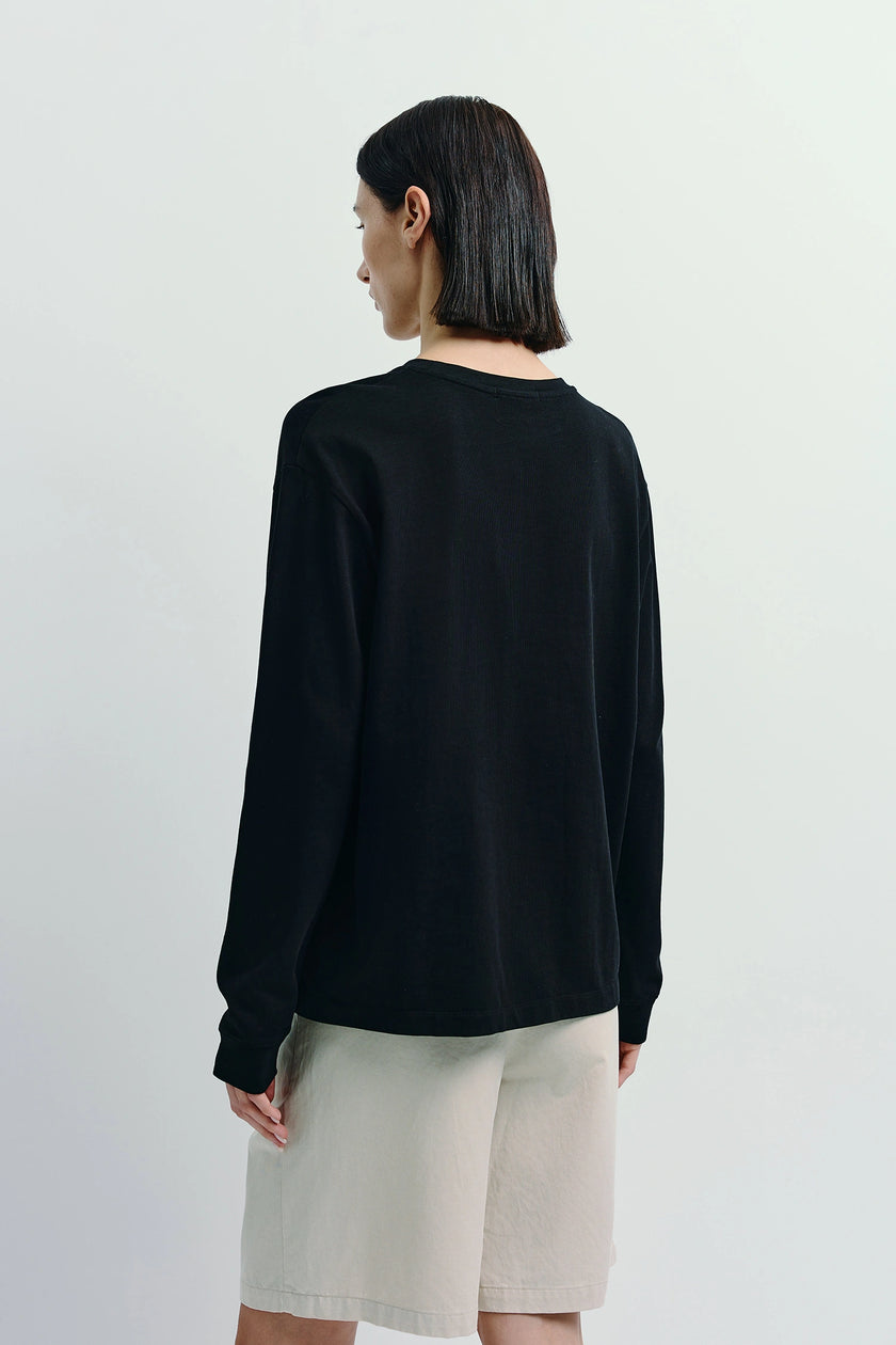 Anza Long Sleeve Top in black cotton blend, crewneck shirt, versatile essential for layering.