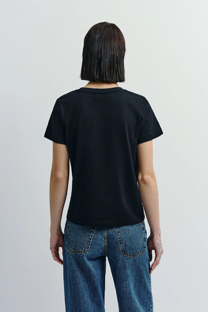Black Fay Crew Neck Tee on a model, sustainable cotton, minimalist style