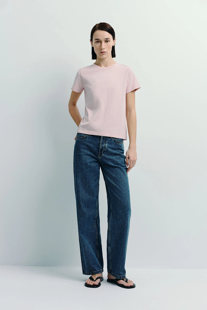 Soft pink Fay Crew Neck Tee and jeans, sustainable cotton for everyday style.