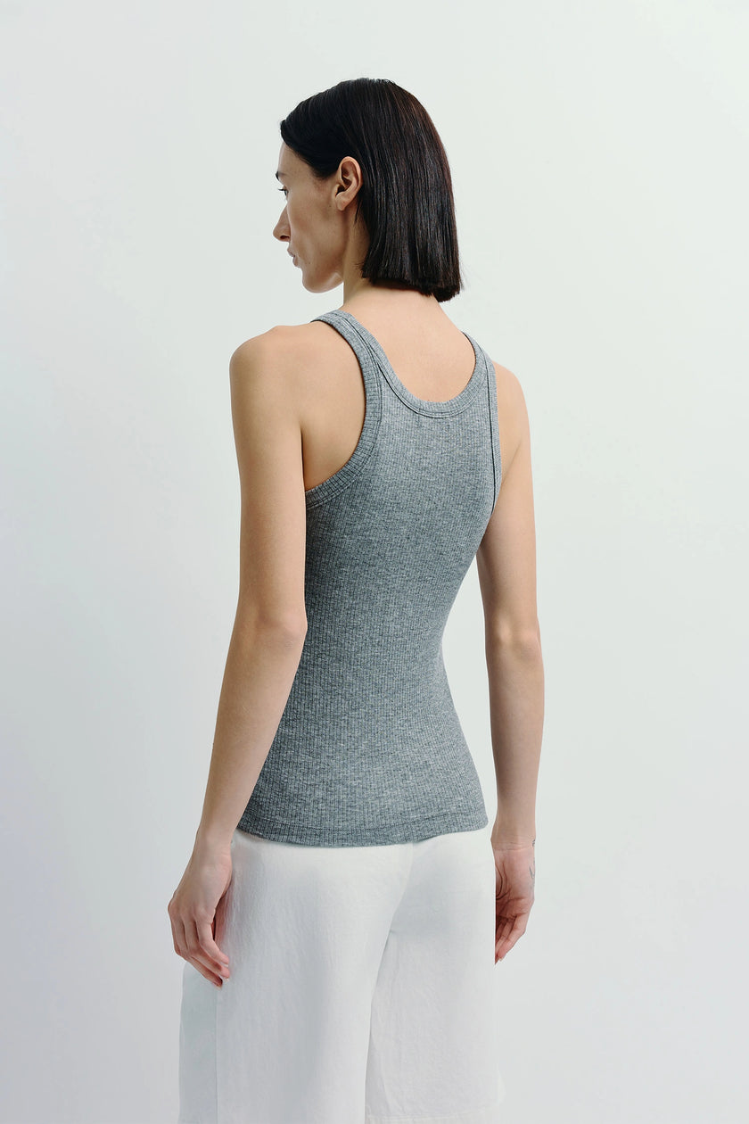 Gray ribbed Ive tank top, lyocell-wool blend, minimalist style, woman wearing tank top