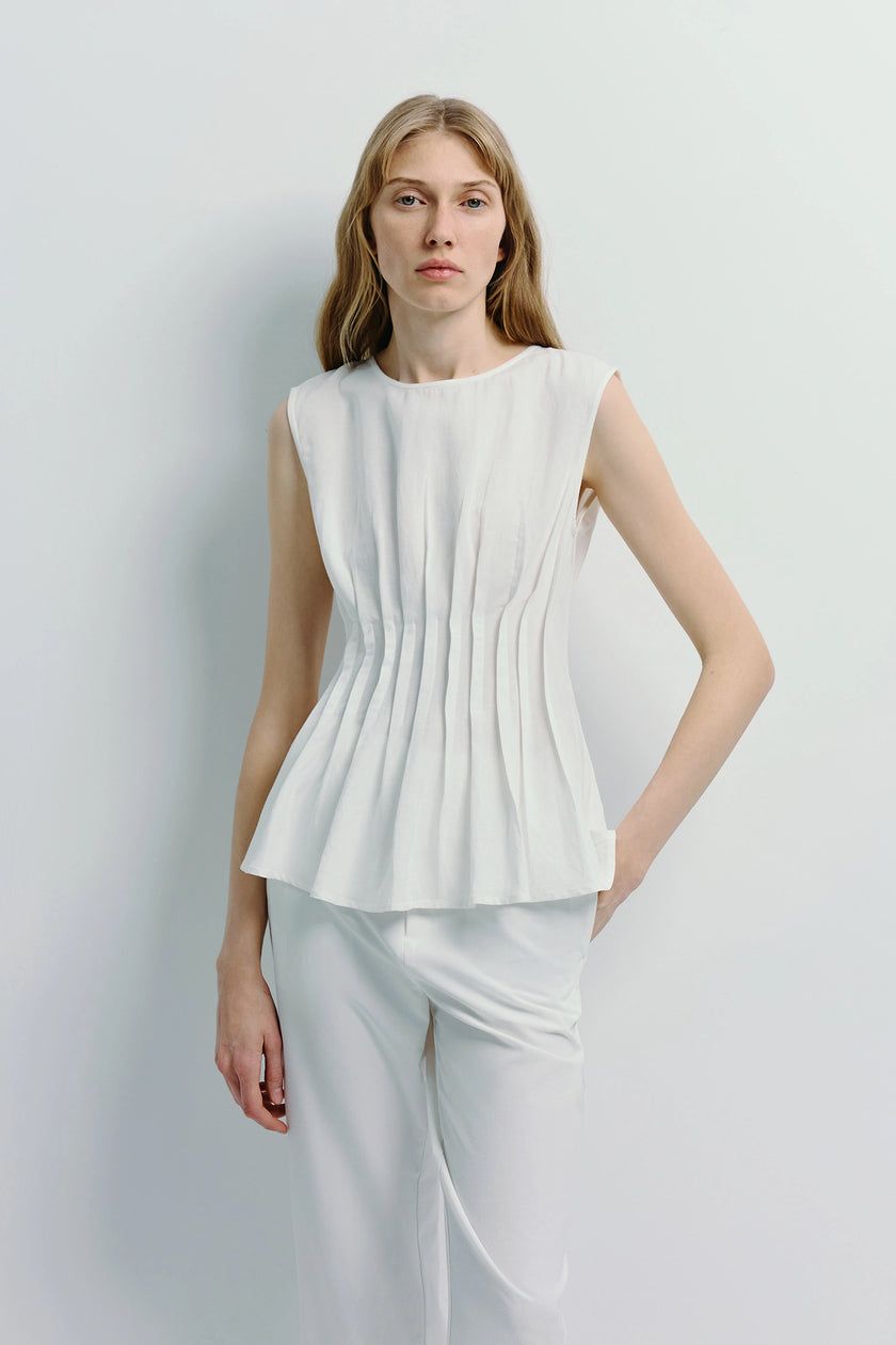 White Giulietta Pintuck Top with pintuck detail, perfect for day to night wear