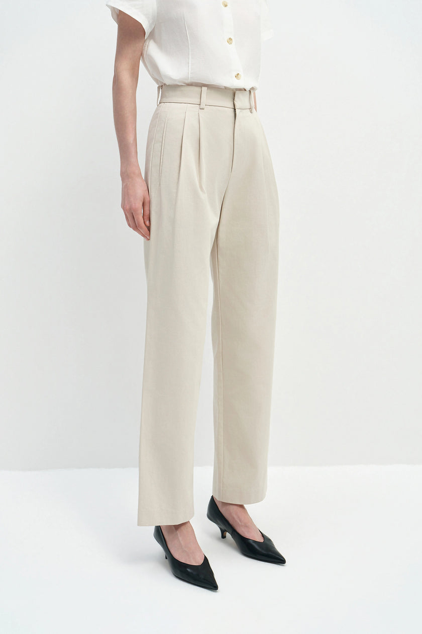 Avène Double Pleat Cotton Pant Stone