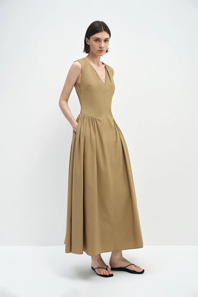 Talia Side Gathered Dress Khaki