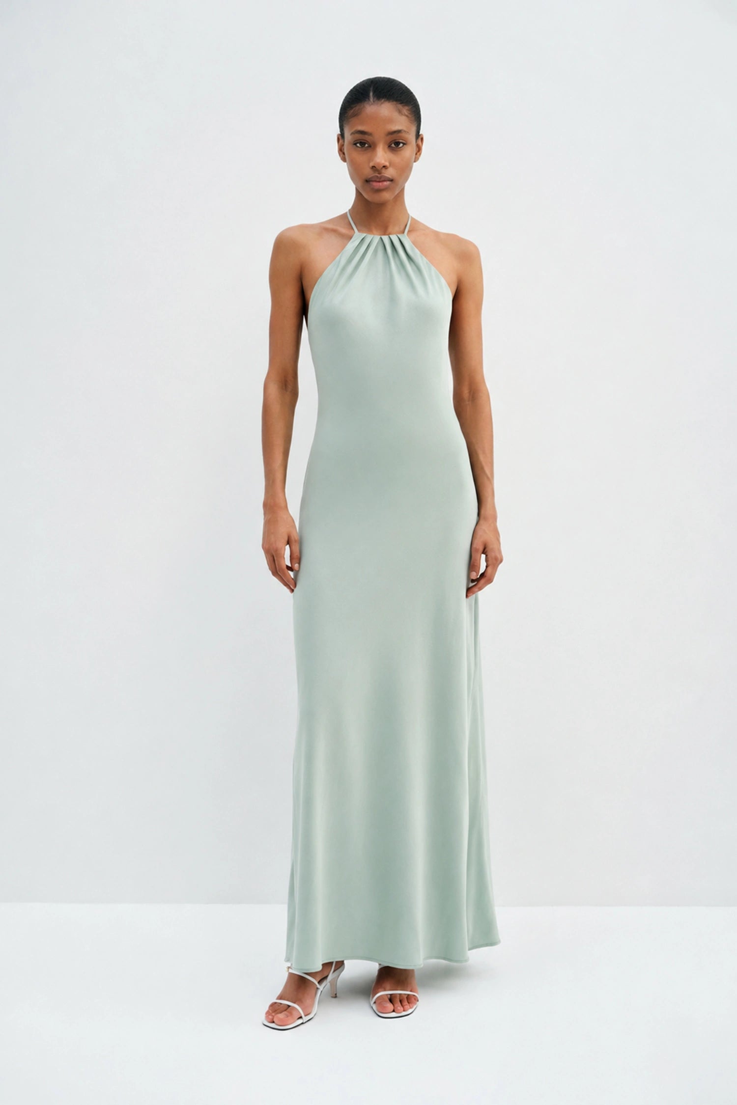 Faye Pleated Neck Satin Dress Sage