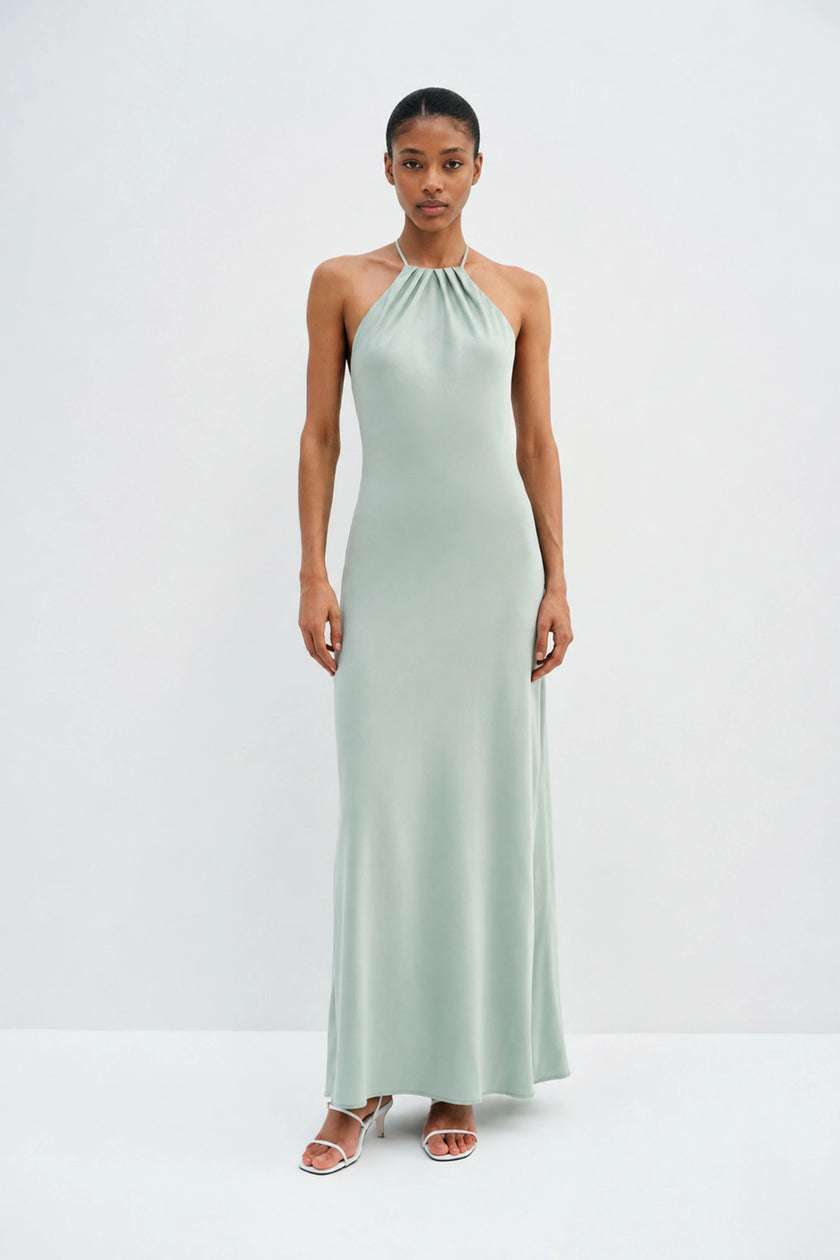 Faye Pleated Neck Satin Dress Sage