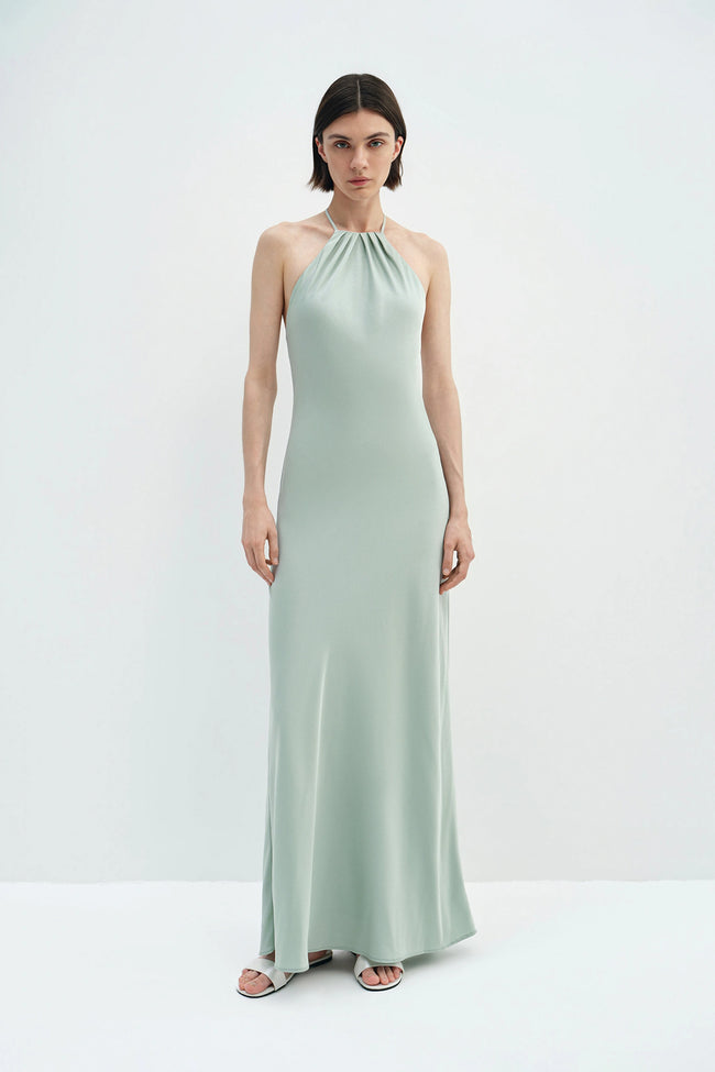 Faye Pleated Neck Satin Dress Sage