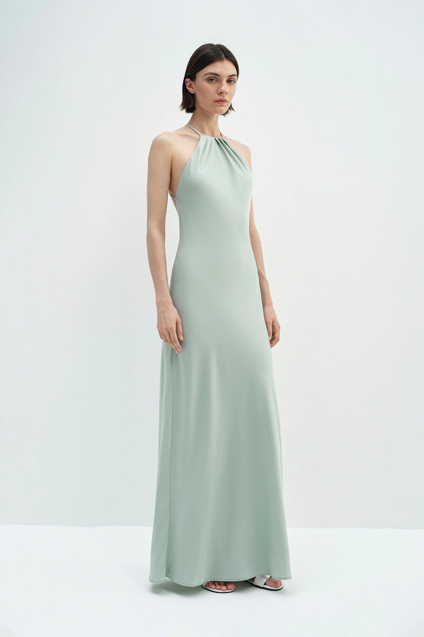 Faye Pleated Neck Satin Dress Sage