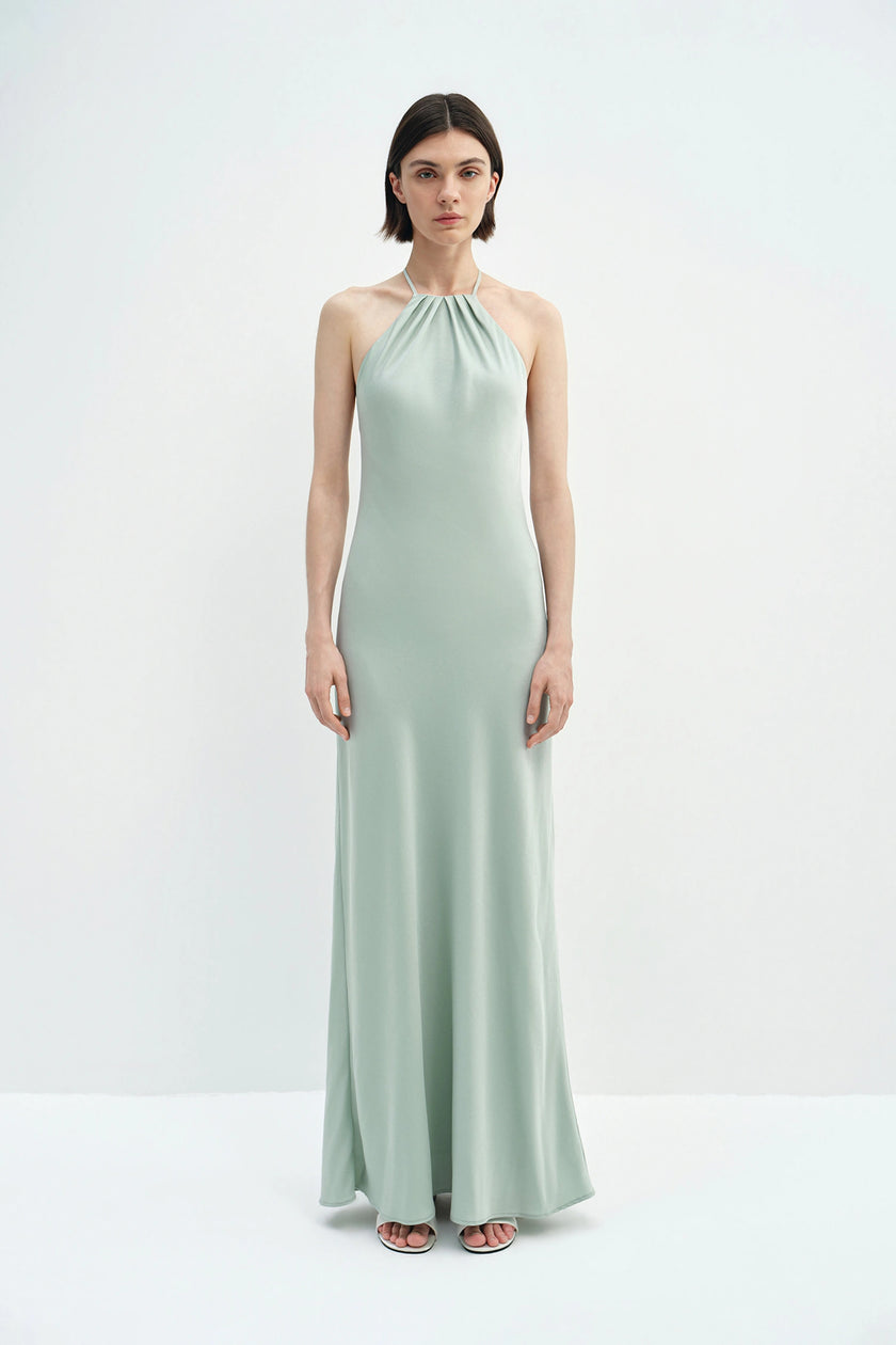 Faye Pleated Neck Satin Dress Sage