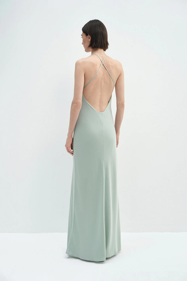 Faye Pleated Neck Satin Dress Sage