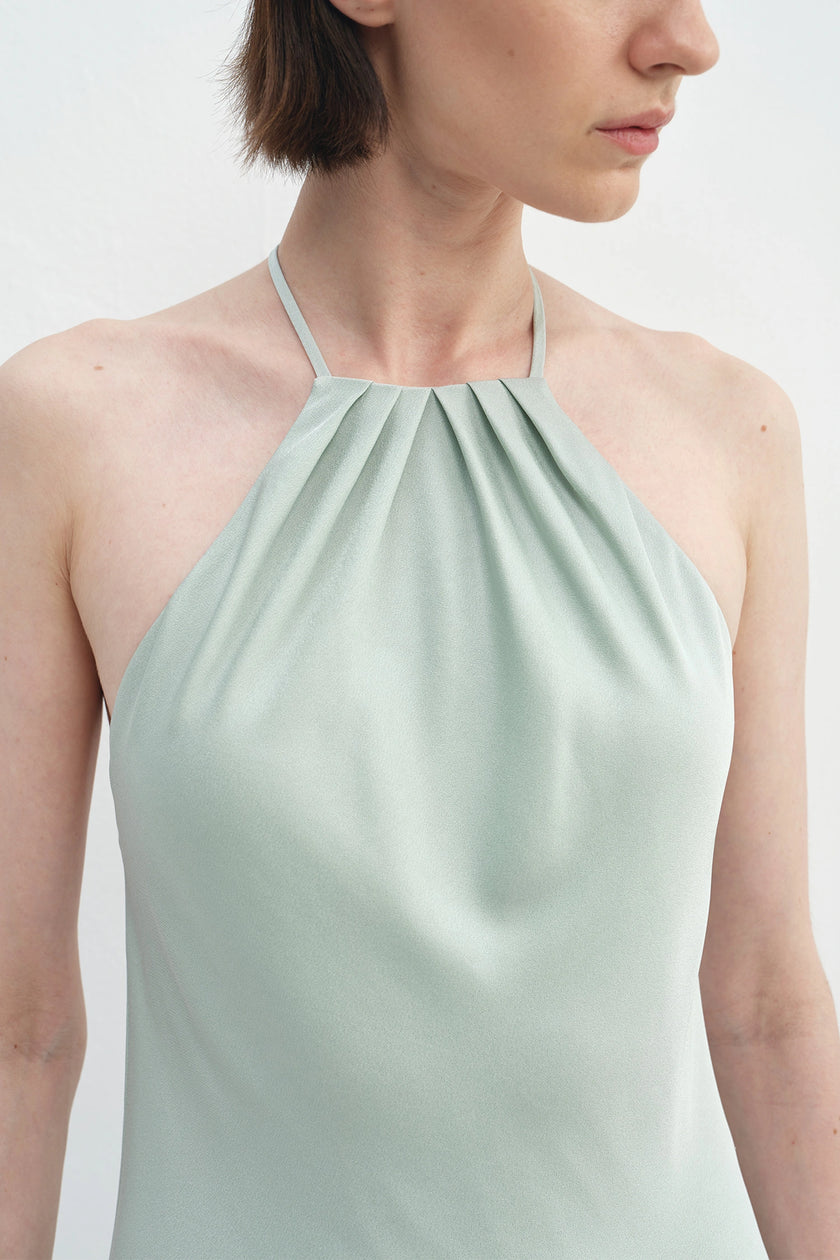 Faye Pleated Neck Satin Dress Sage