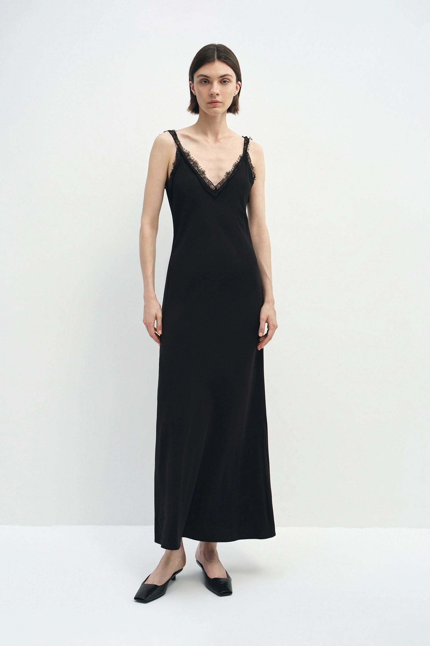 Poème Laced Strap Neck Satin Dress Black