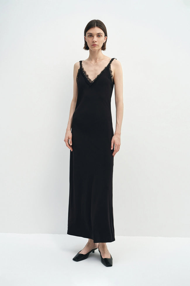 Poème Laced Strap Neck Satin Dress Black