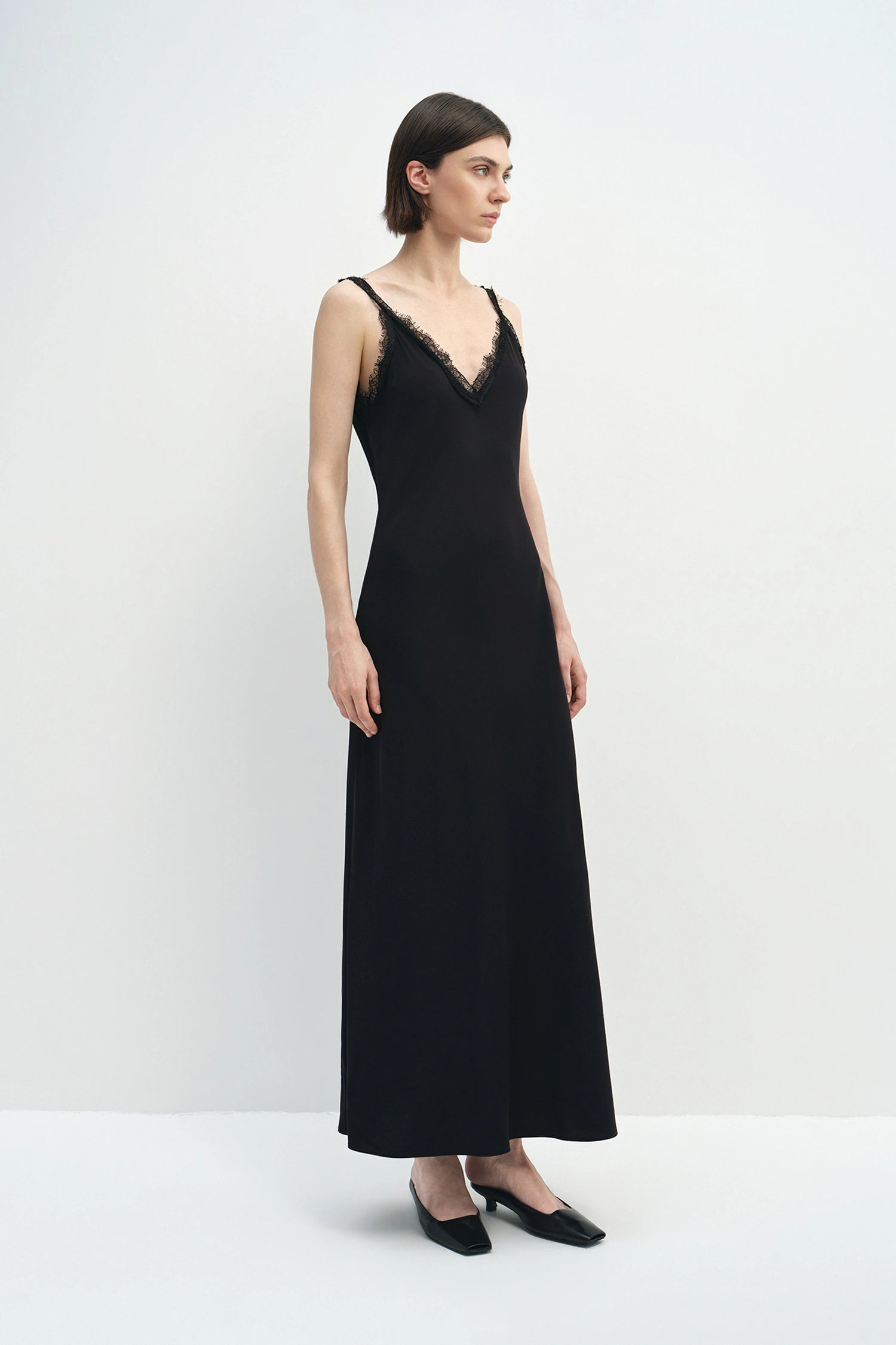 Poème Laced Strap Neck Satin Dress Black