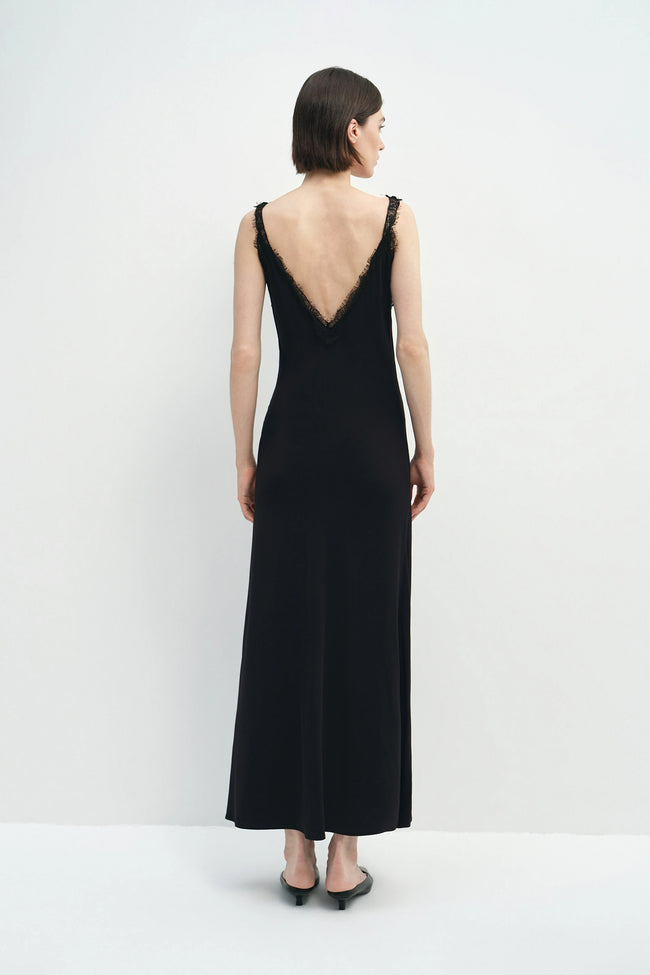 Poème Laced Strap Neck Satin Dress Black