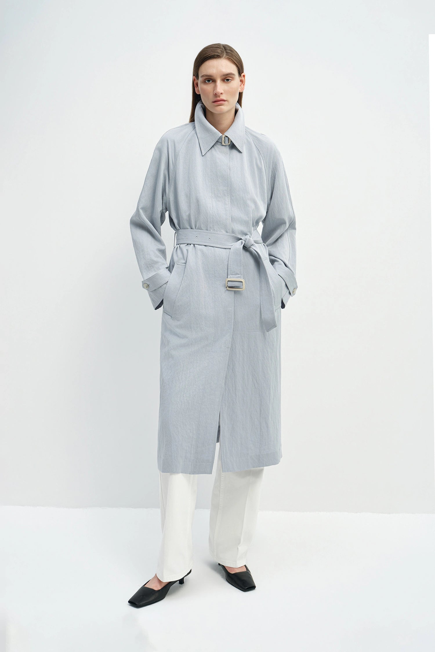 Nivé Belted Trench Coat Ash Blue