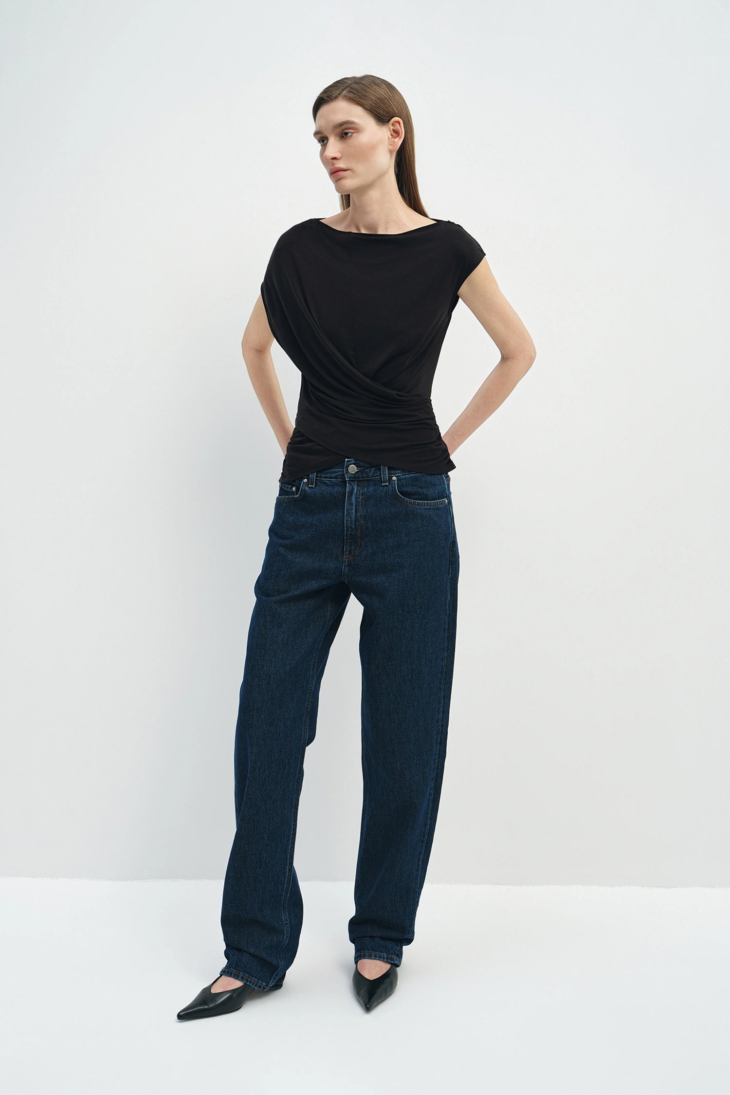 Brisa Side Shirred Draped Top Black