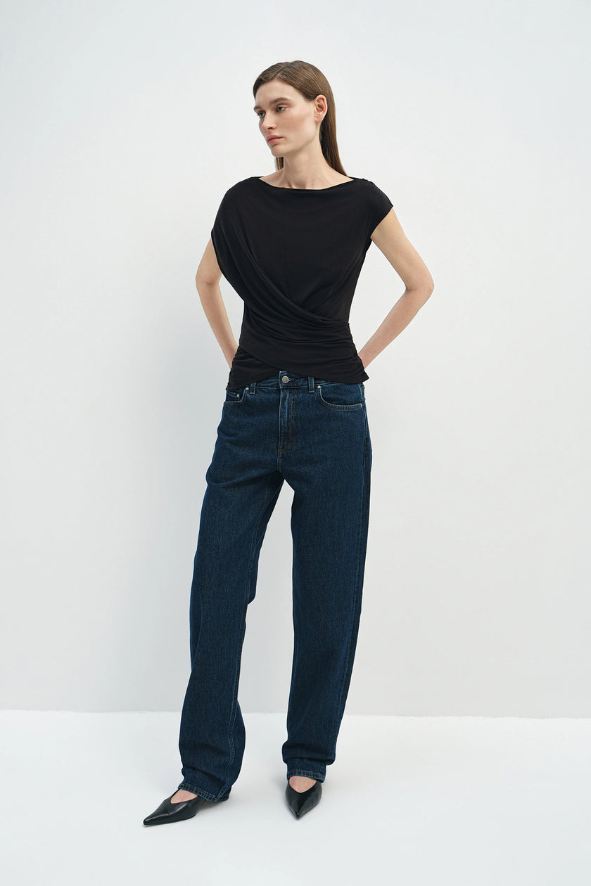 Brisa Side Shirred Draped Top Black