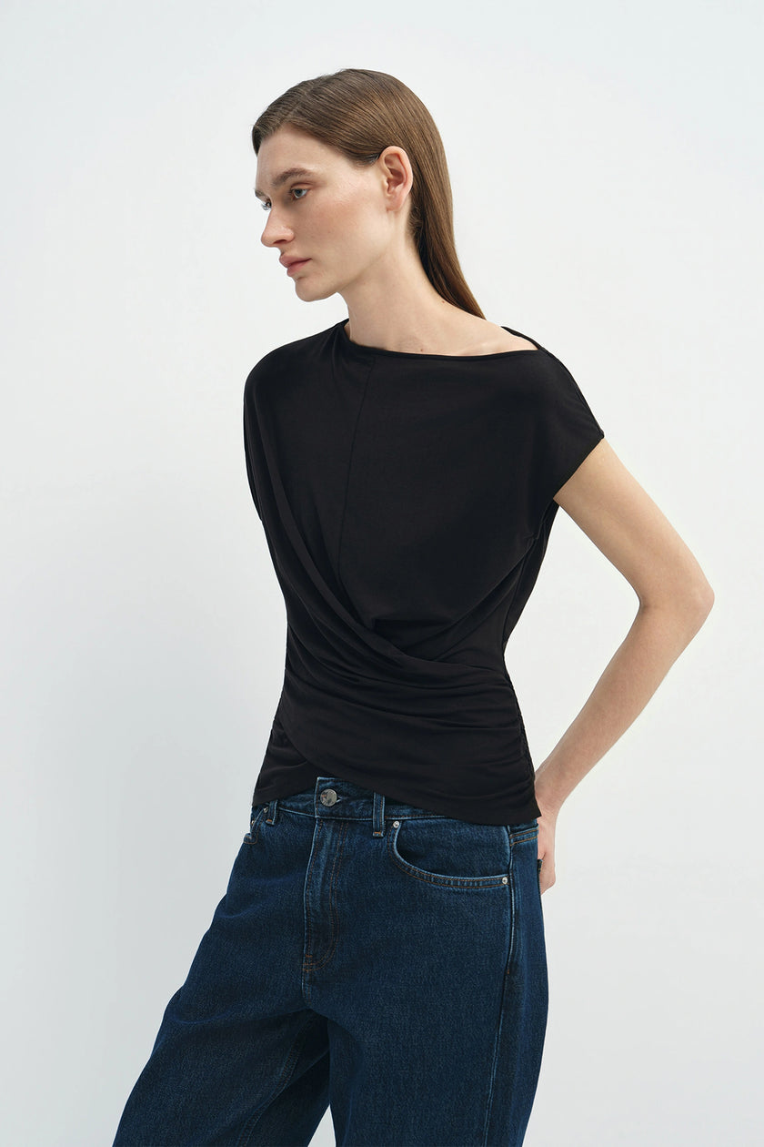 Brisa Side Shirred Draped Top Black