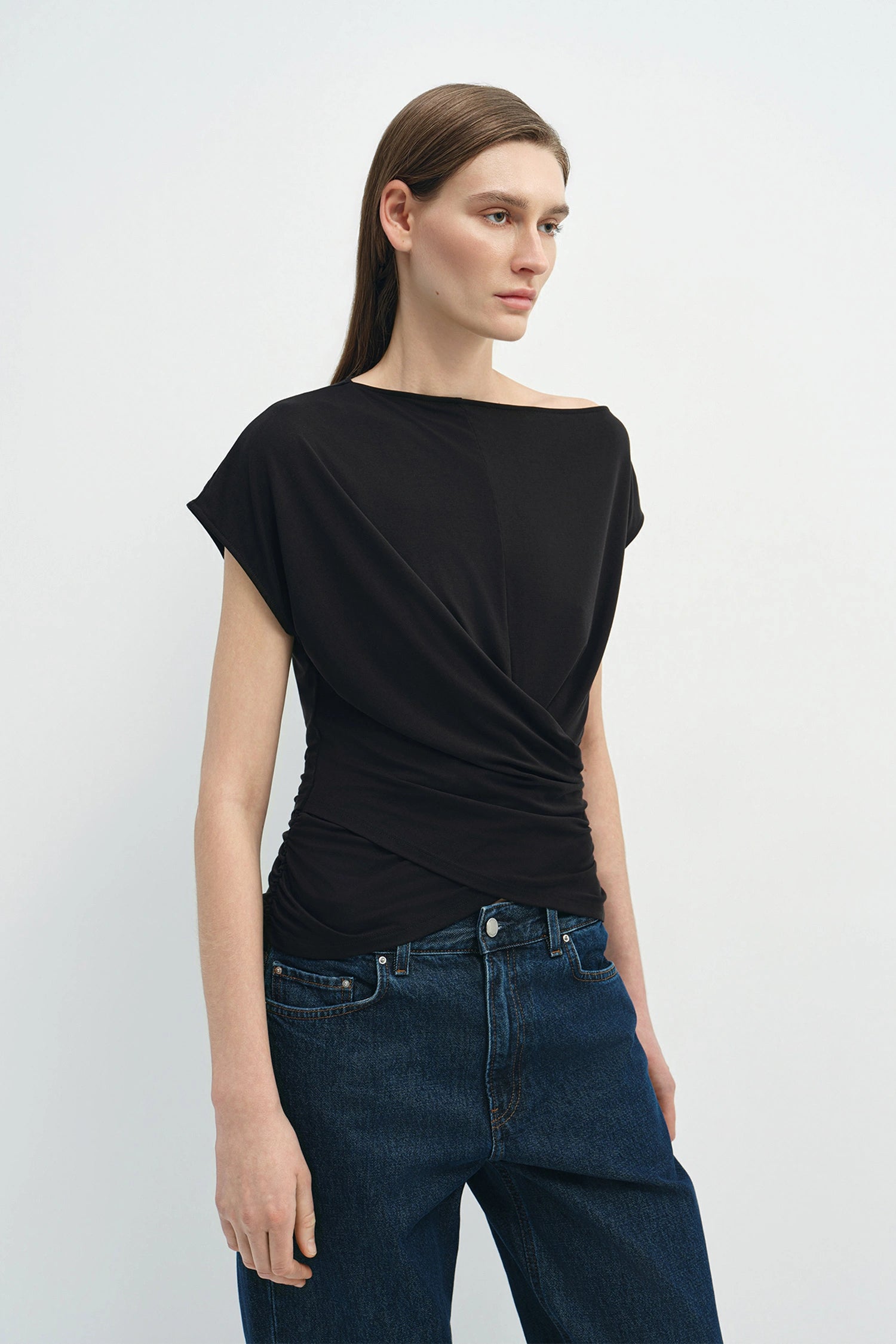 Brisa Side Shirred Draped Top Black