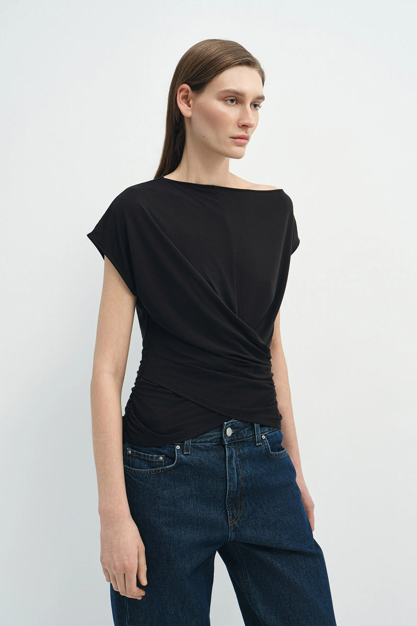 Brisa Side Shirred Draped Top Black