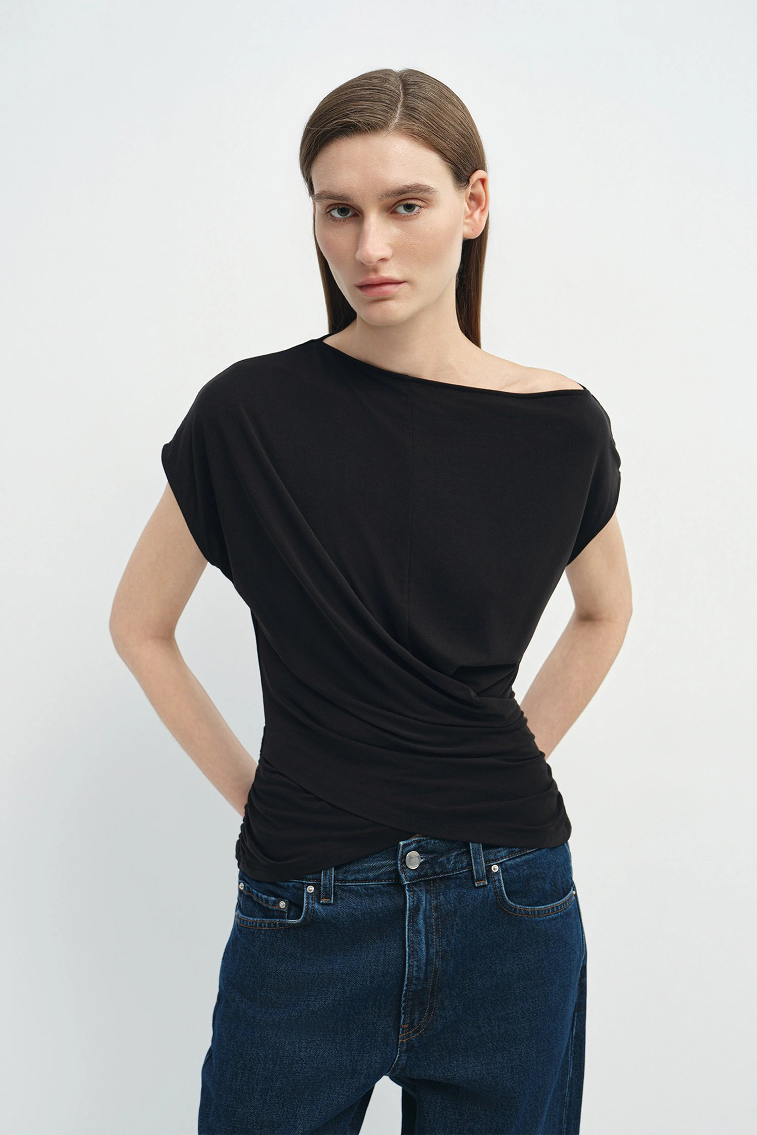 Brisa Side Shirred Draped Top Black