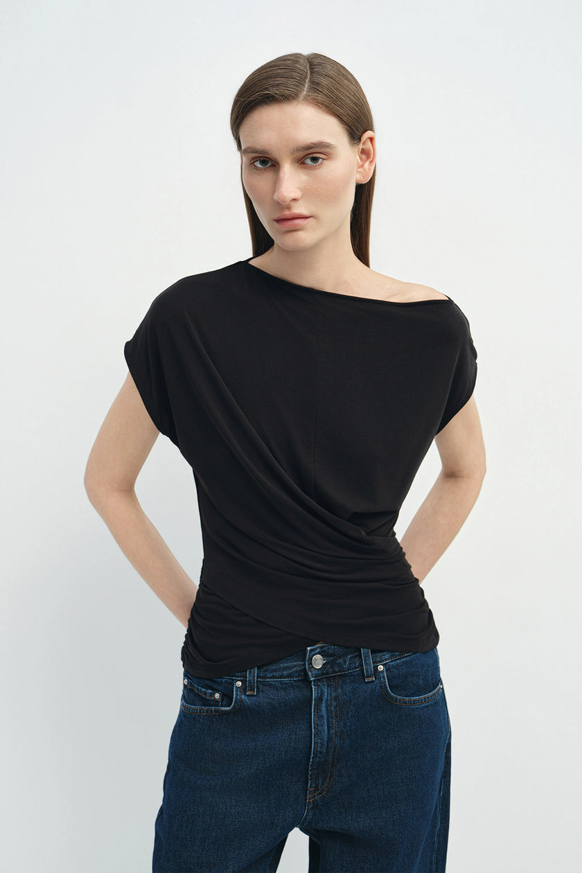 Brisa Side Shirred Draped Top Black