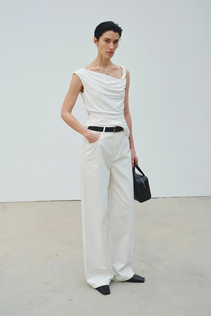 Eden Twist Shoulder Draped Top White