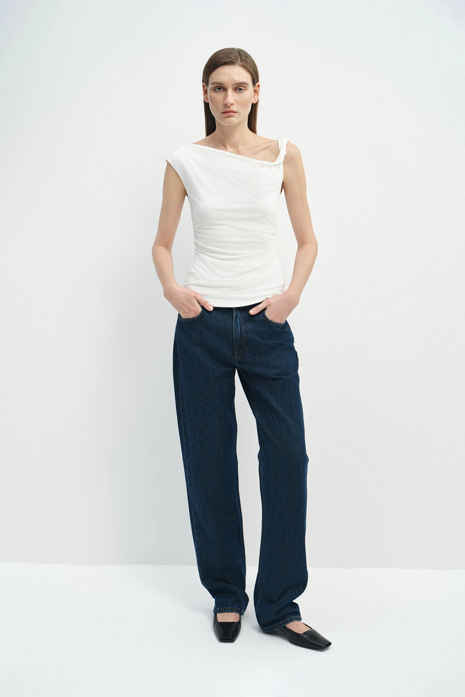 Eden Twist Shoulder Draped Top White