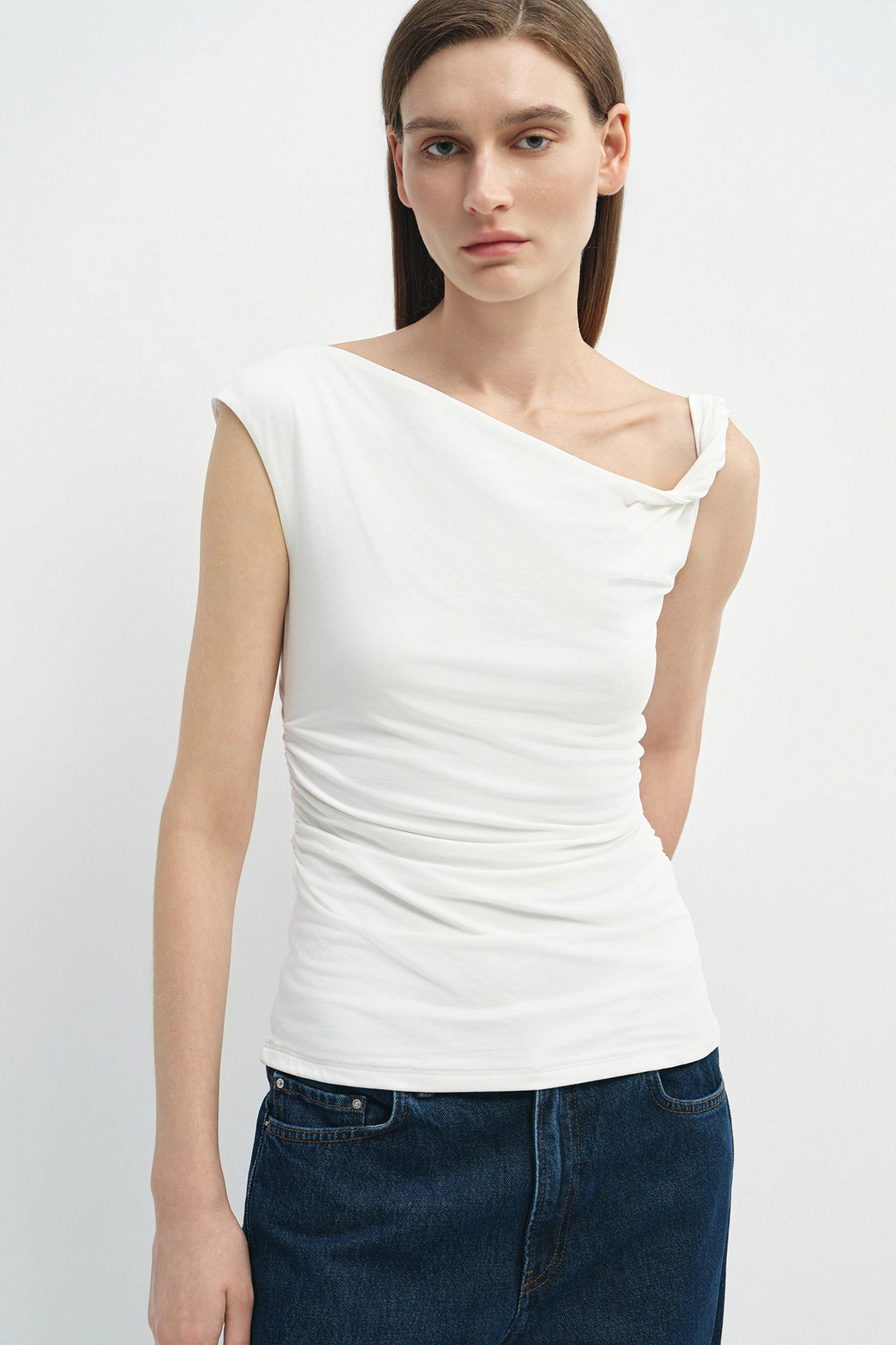 Eden Twist Shoulder Draped Top White