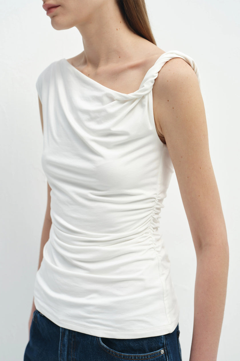 Eden Twist Shoulder Draped Top White
