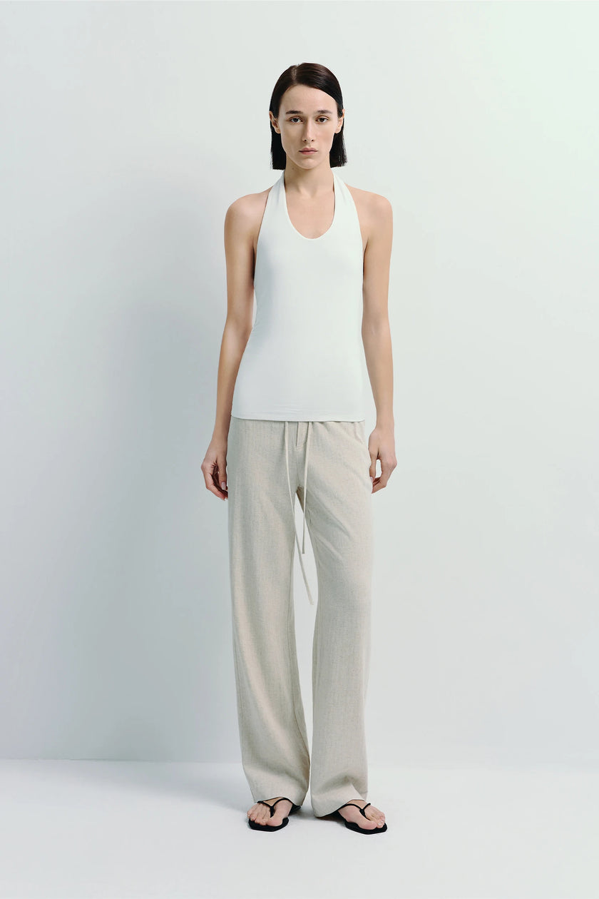 Sieste Drawstring Pant in Linen Blend - Beige, Styled with white halter top, casual summer wear