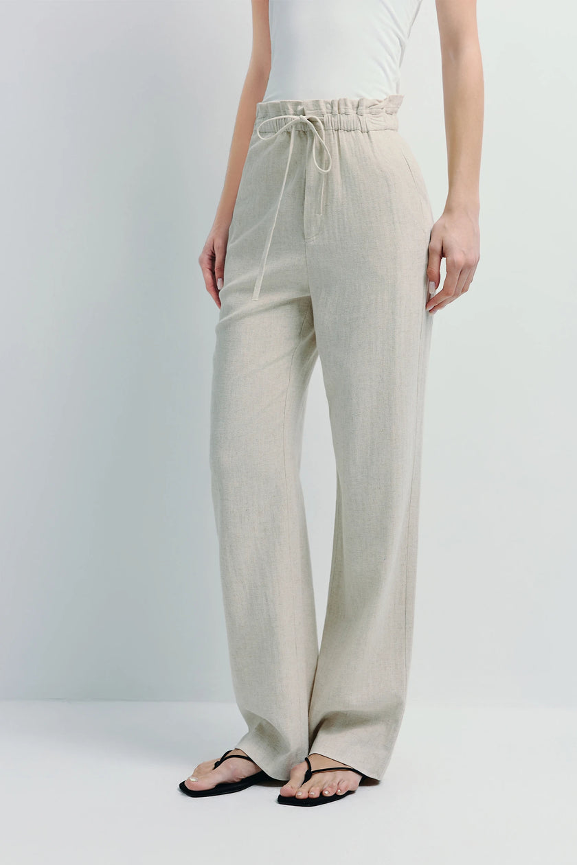 Sieste Drawstring Pant in Beige Linen Blend. Wide-leg, comfortable fit, and versatile for daily wear.