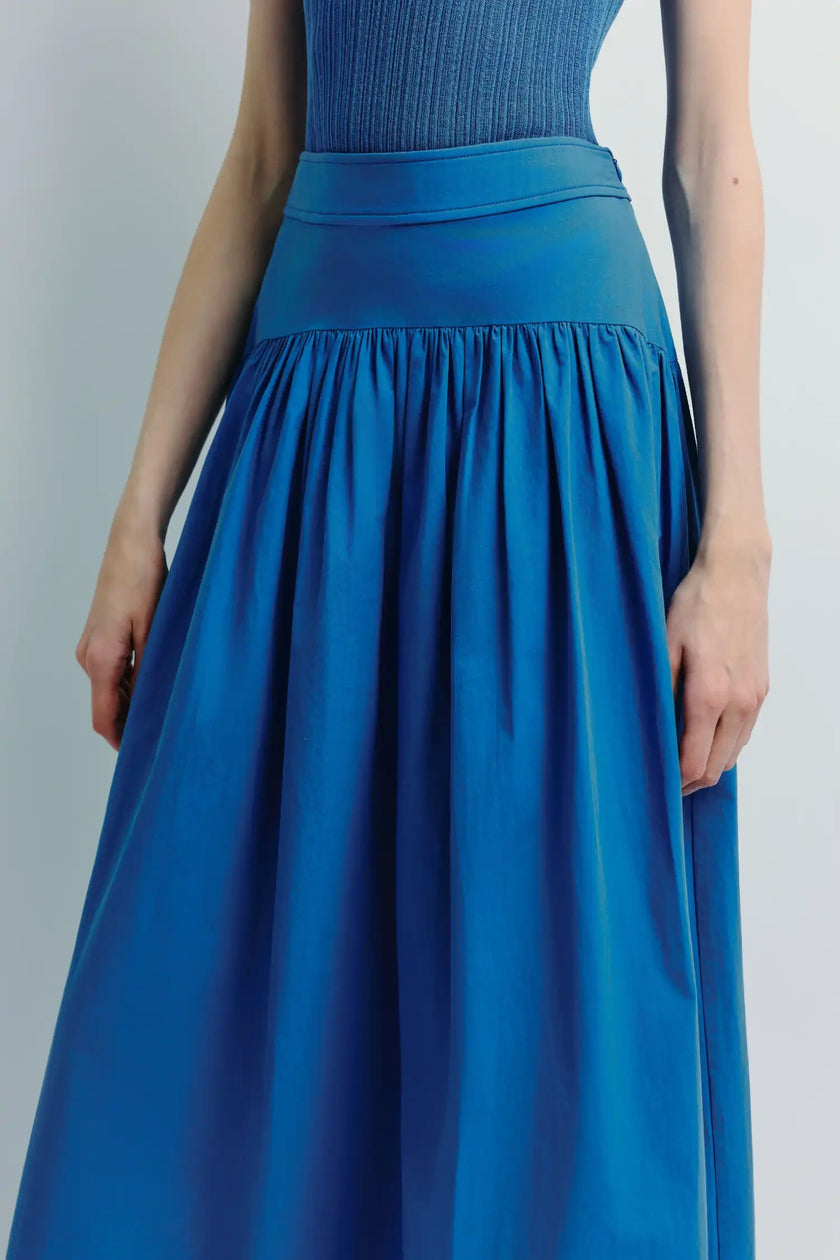 Glace Poplin Midi Skirt, A-line silhouette, blue cotton poplin
