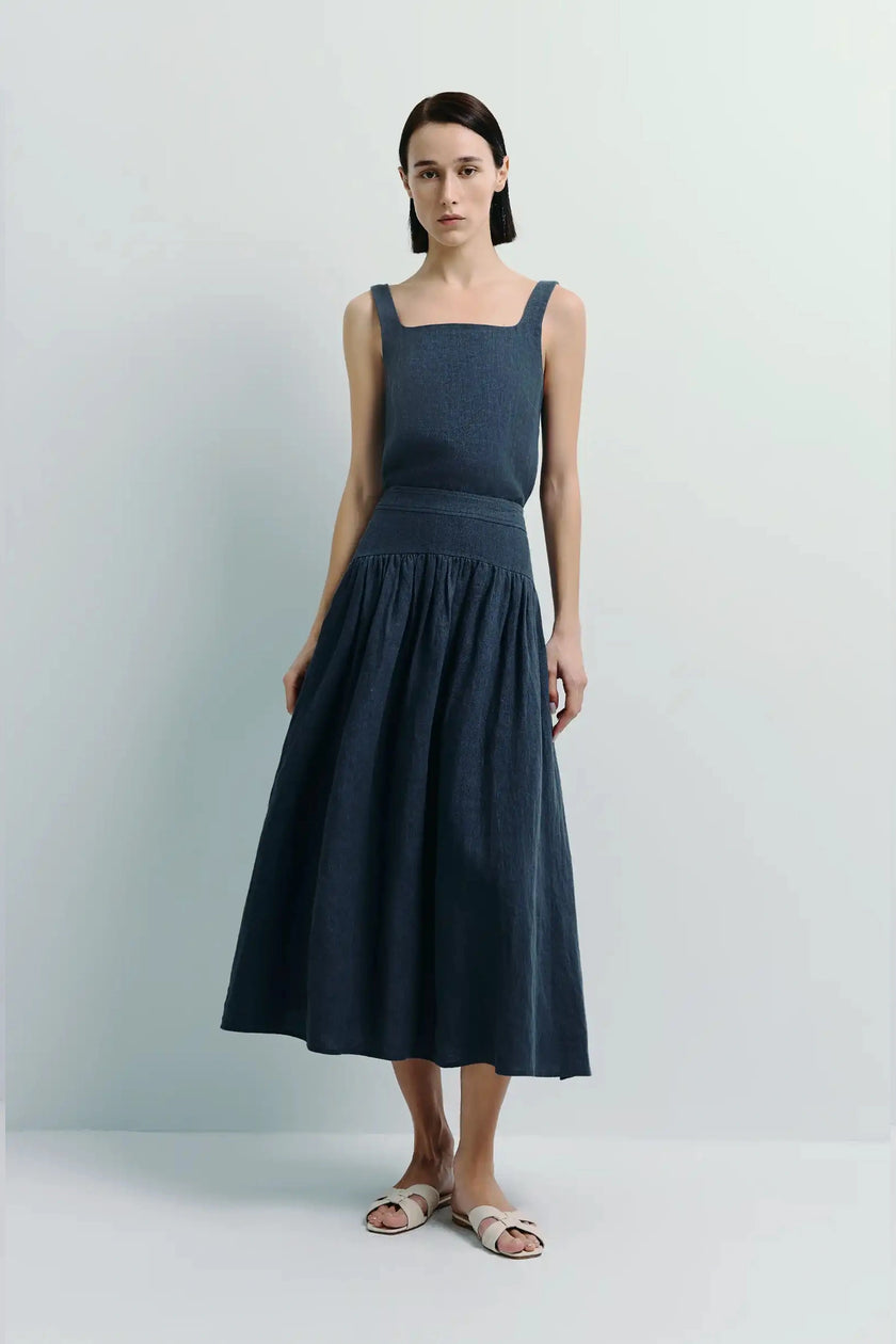 Navy linen square neck top and matching midi skirt, featuring square neckline and pleated skirt