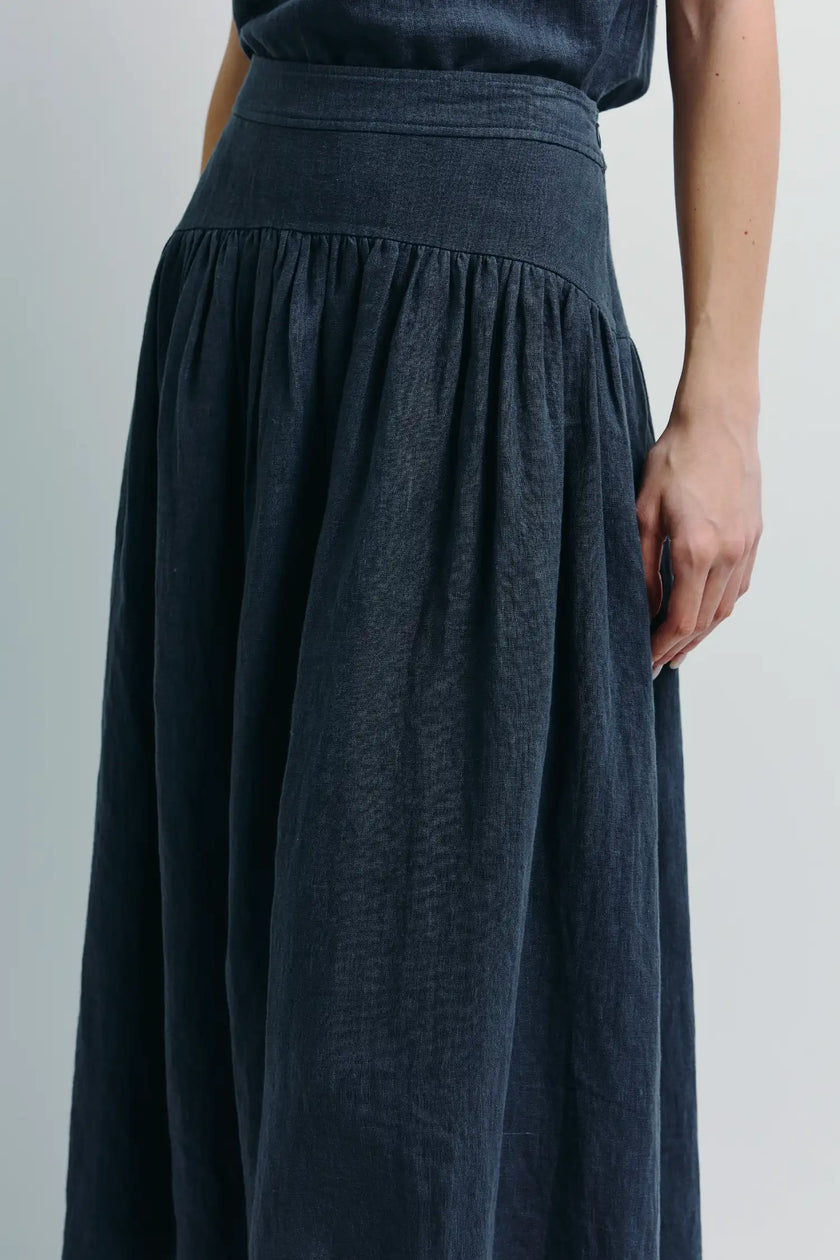Glace Linen Midi Skirt in navy, A-line shape, with soft volume, Rue Sophie