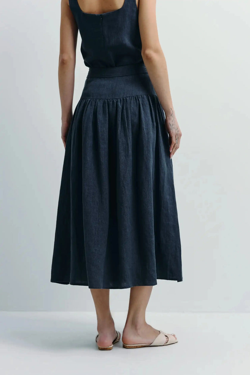 Rue Sophie Glace Linen Midi Skirt set in navy, A-line shape, soft volume, pure linen