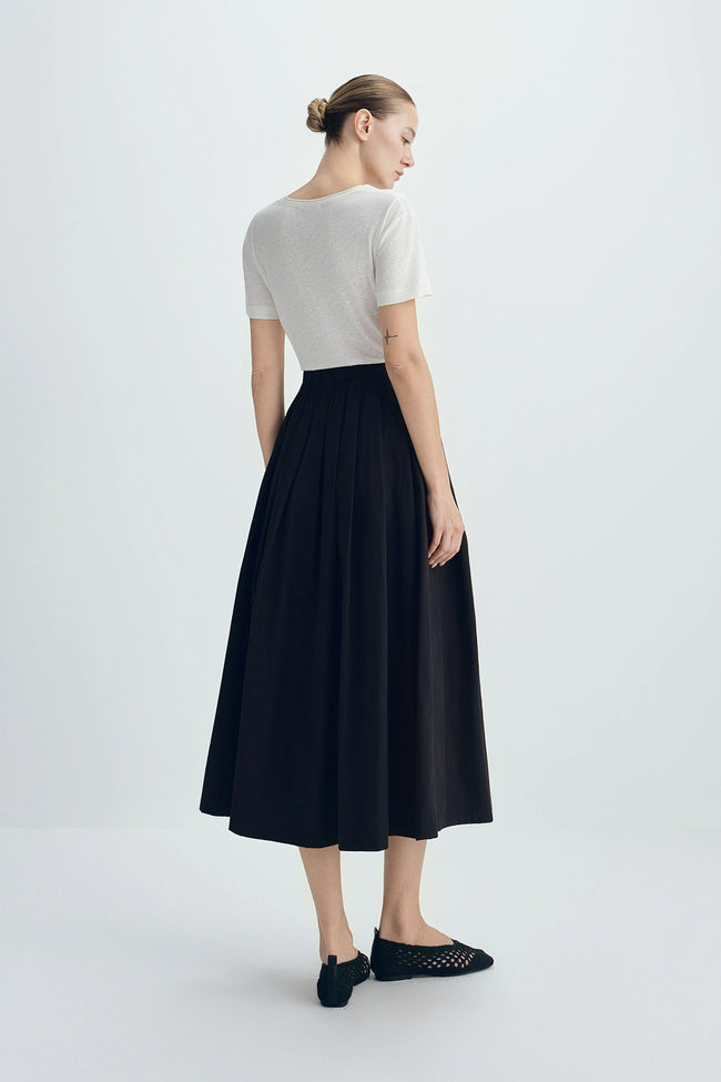 Panier Drawstring Waist Pleated Skirt-Black
